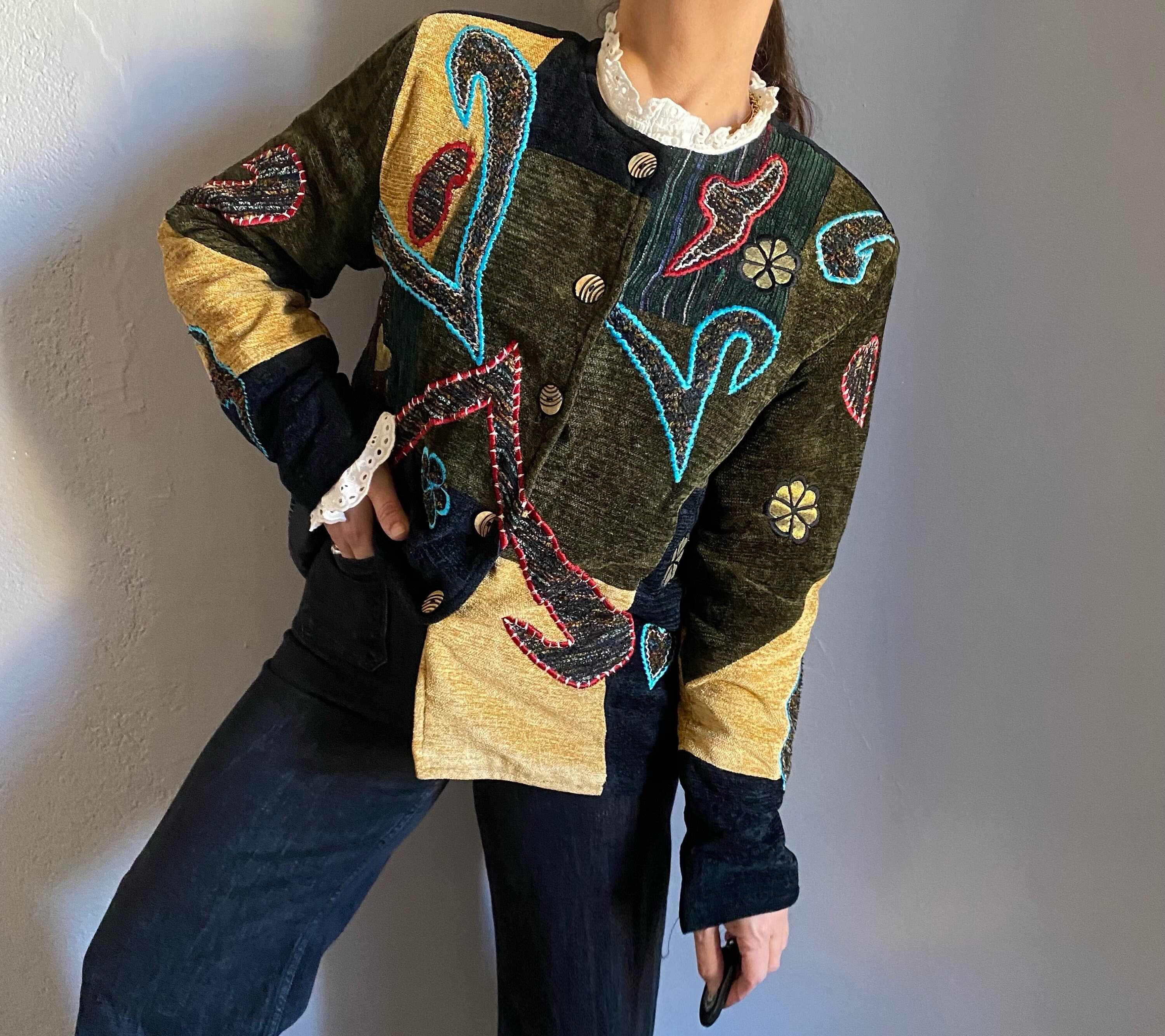 Vintage 80s Daniel K Velvet Jacket, Ethnic Embroidery, French