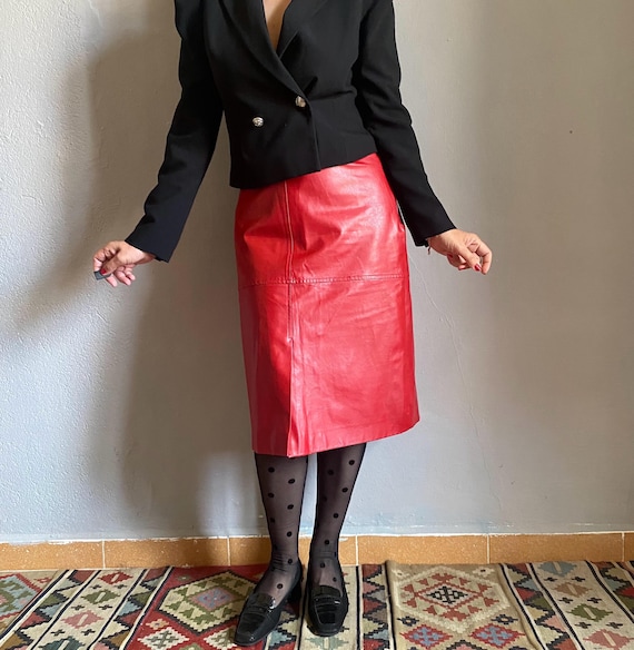 Vintage 90s Tomato Red Faux Leather Skirt, High Waist Vegan A Line