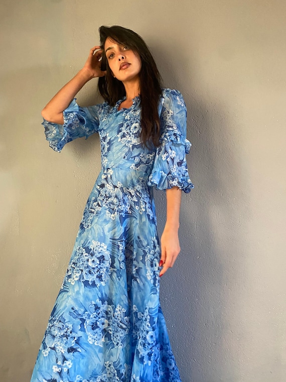 Vintage 70s Indigo Floral Chiffon Dress, Ruffle Gardencore Maxi Gown, Fairy Prom Guest L 40