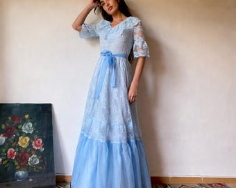 Vintage 70s baby blue lace wedding dress, romantic folk gown, French party S