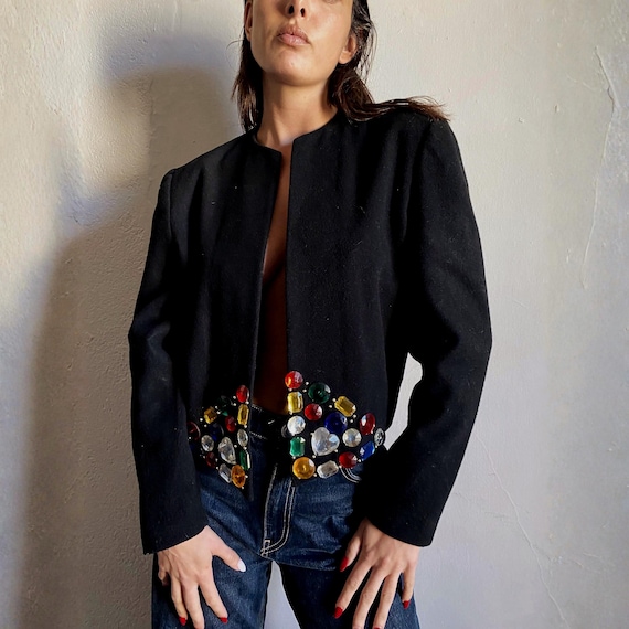 Vintage jeweled wool bolero jacket, baroque statement, evening wear M