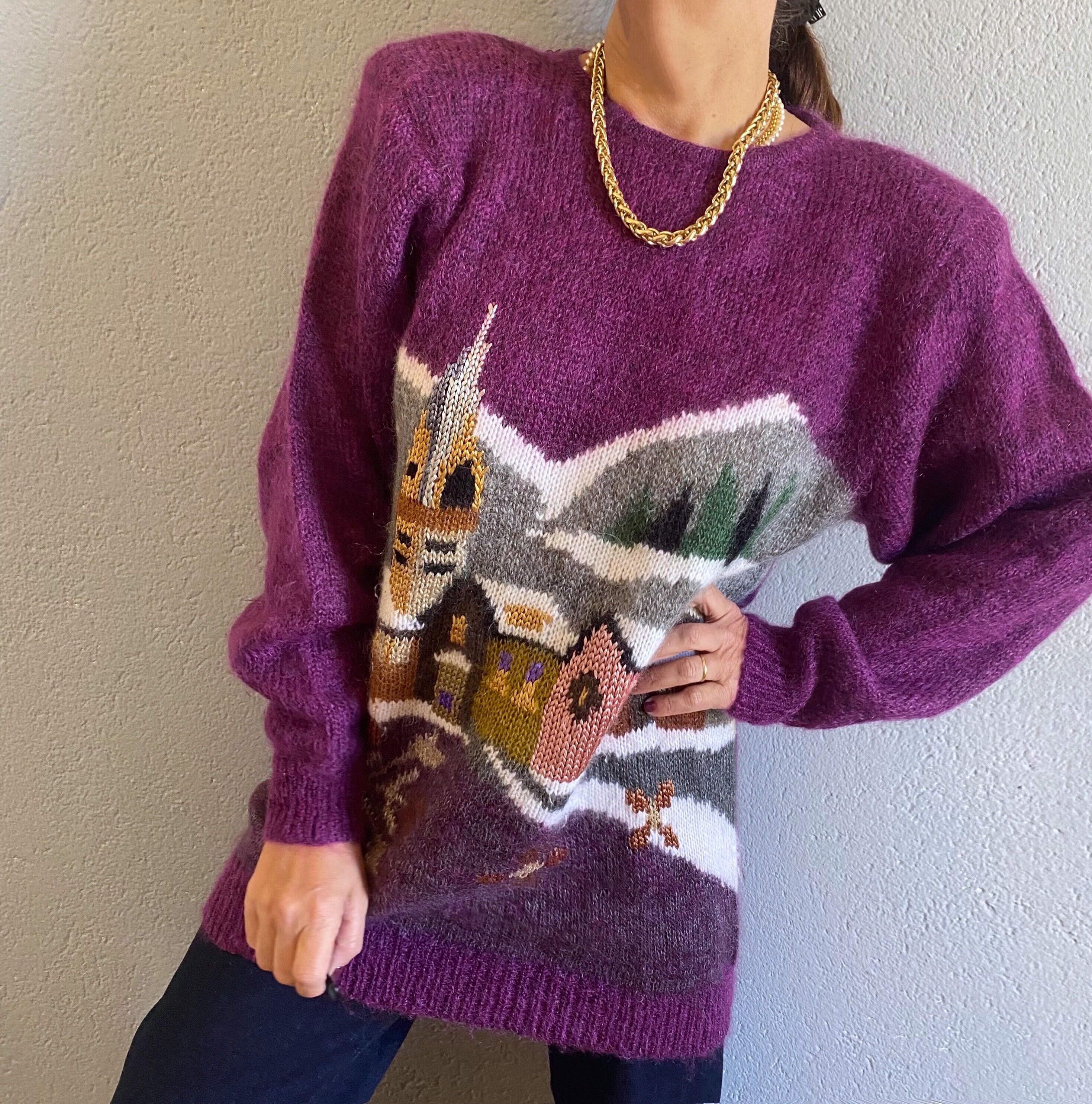 Vintage 80s Landscape Mohair Handmade Folk Lilac Knit
