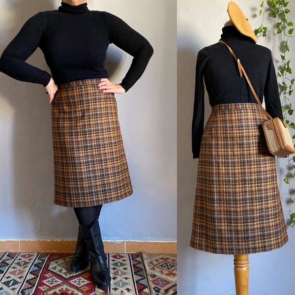 Vintage 80s tweed wool high waist midi burnt orange skirt, dressy preppy academia librarian mod British classic winter work plus size L /XL