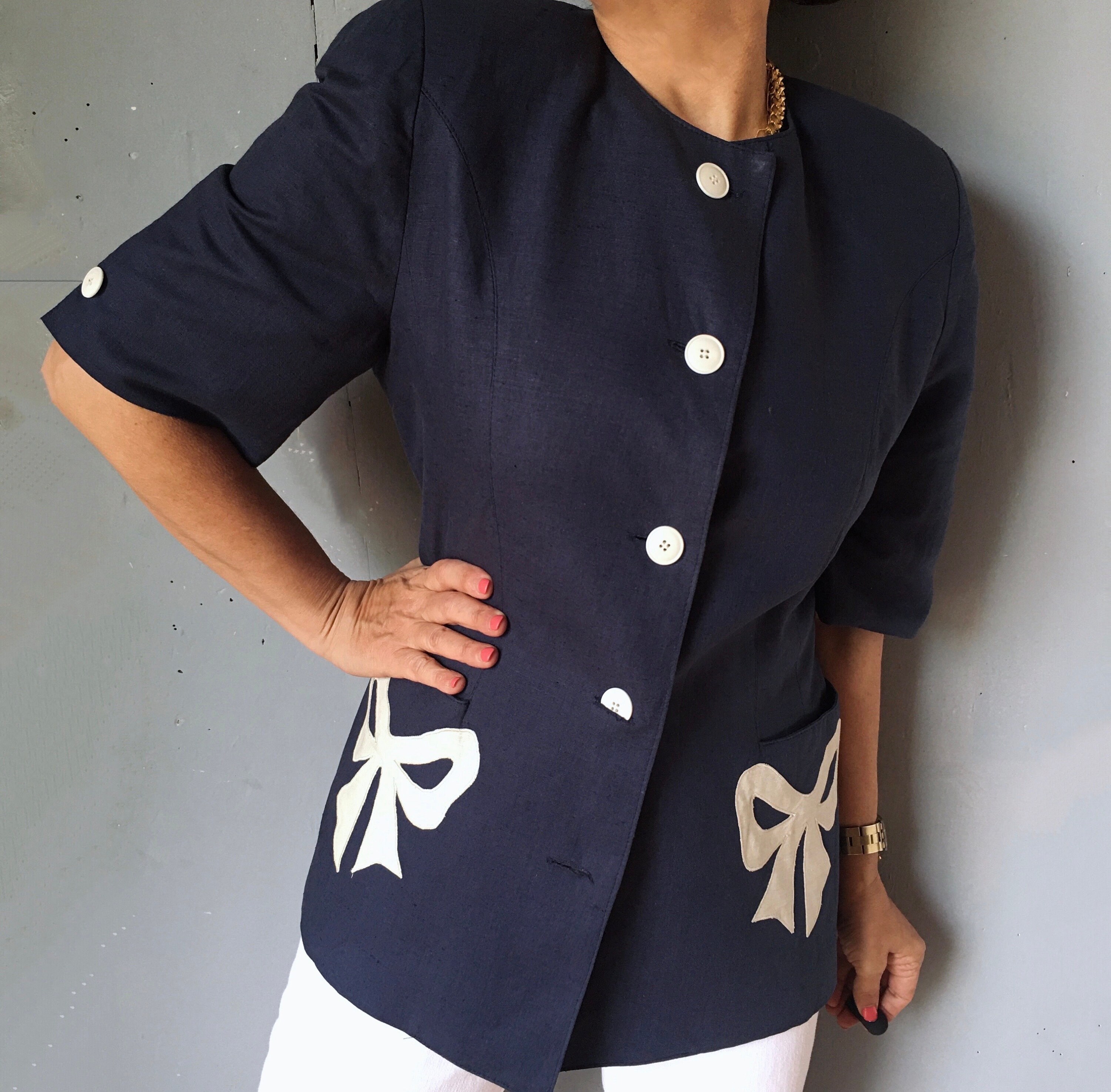 Vintage 80s Navy Linen Jacket, Embroidered Bow Pockets Chic Blazer