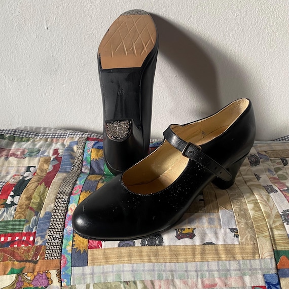 Vintage 70s Flamenco Dance Black Genuine Leather Shoes, Artisan - Main Image