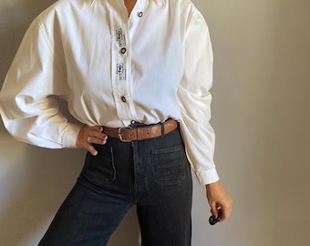 Vintage 90s Austrian embroidery cotton folk ivory shirt, Trachten boxy top 46 2X
