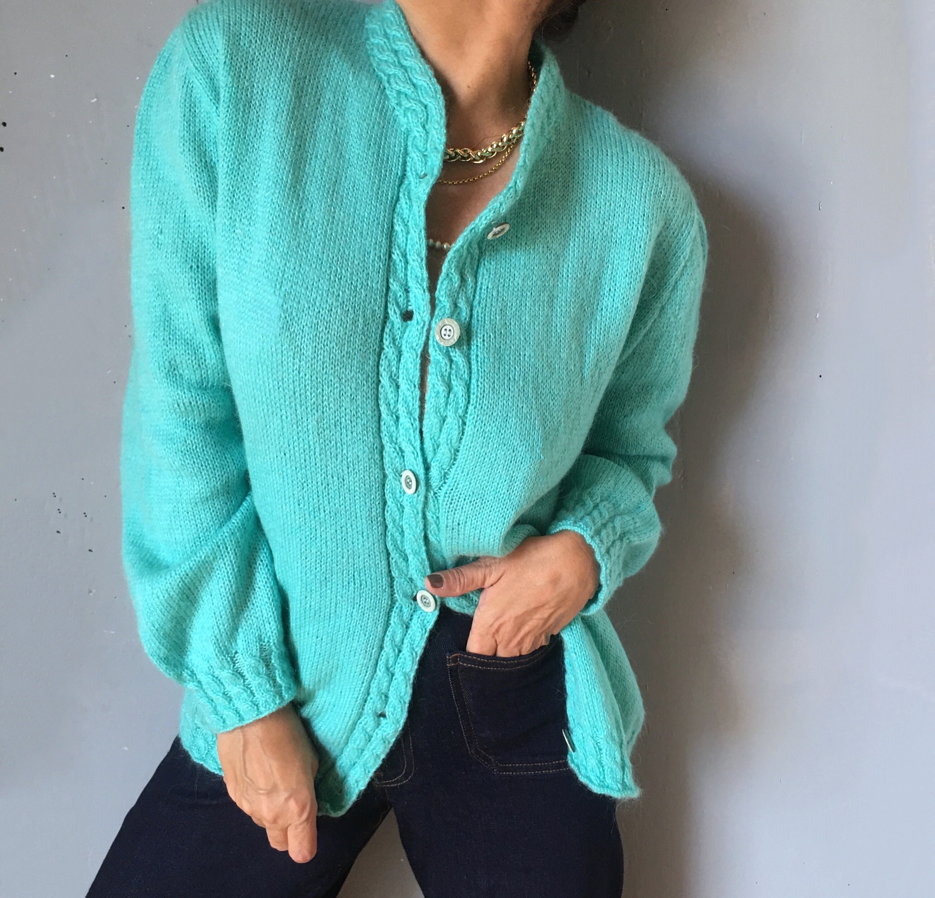 Vintage Handmade Knit Emerald Cable Coquette Knit Cardigan, Button 