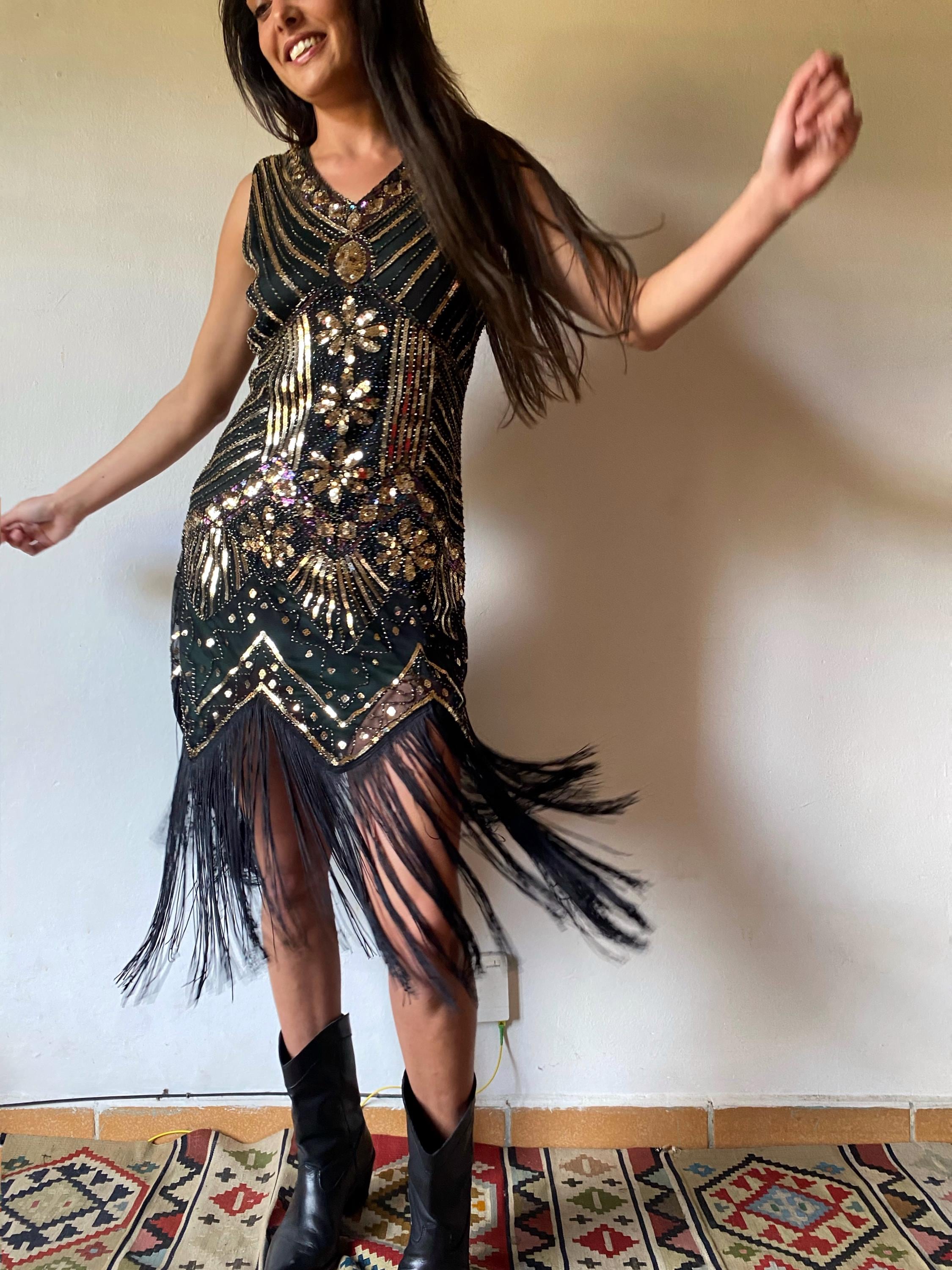 vintage beaded fringe dress 90s Sequin Dress, Gatsby Flapper Art Deco Evening Gown, L 40 Rare Editions Girls 4-16 gatsby fringe dress Short Sleeve Dresses dryers br Chemicals found Size:XS / 42 (IT-EU)/ 32 (US-UK)