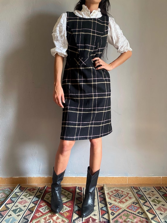 90s tartan dress Vintage Laura Ashley Pinafore Dress, Wool Blend, Schoolgirl Style, Dark Academia S 36 pcat-326 Bardot satin plunge cami Color:teal
