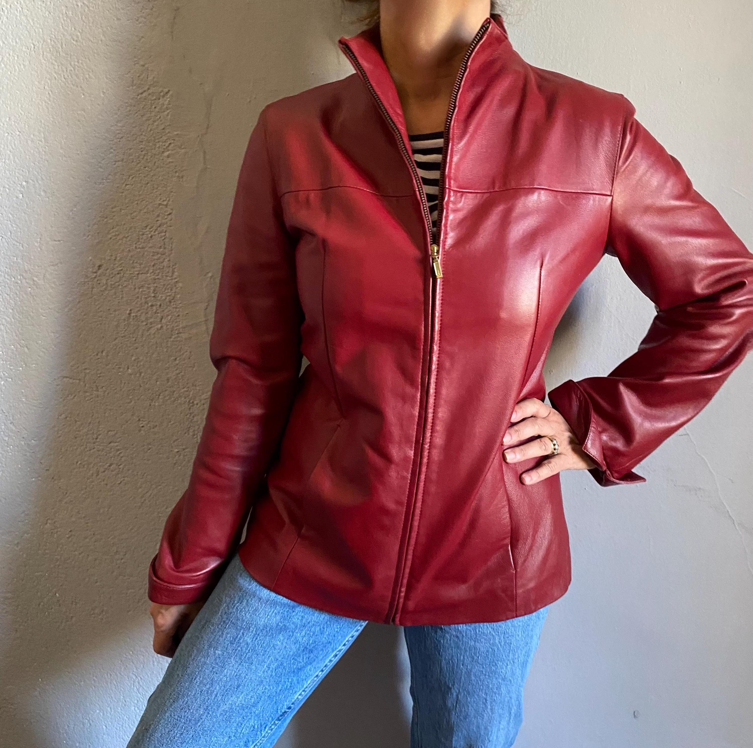 Vintage 90s Cherry Red Leather Jacket, Minimalist Zip up Moto Coat