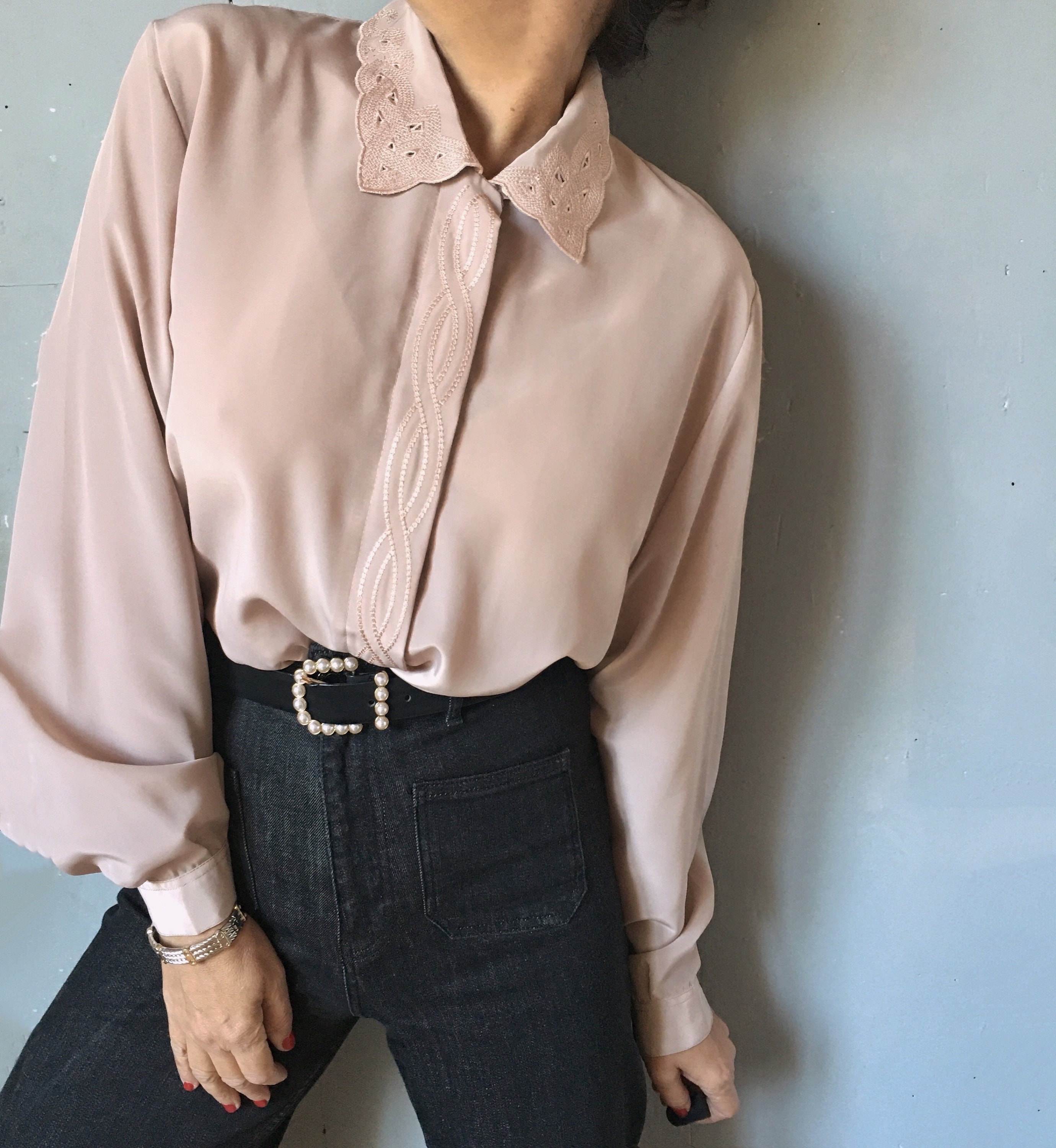 Vintage Minimalist Embroidered Classic Dainty Nude Shirt, Academia
