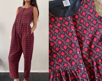 Laura Ashley Strampler Vintage 80er Jahre Cord Rauten Latzhose, Einteiler Overall Tomaten Playsuit, Pumphose Knopfleiste Overall all in one M