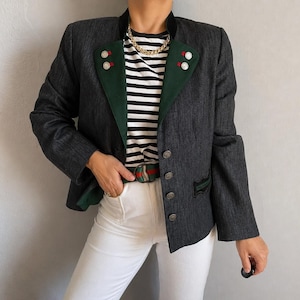 Vintage 80s Austrian linen viscose blazer, dark gray Tyrolean folk jacket, Trachten countryside 44 2X