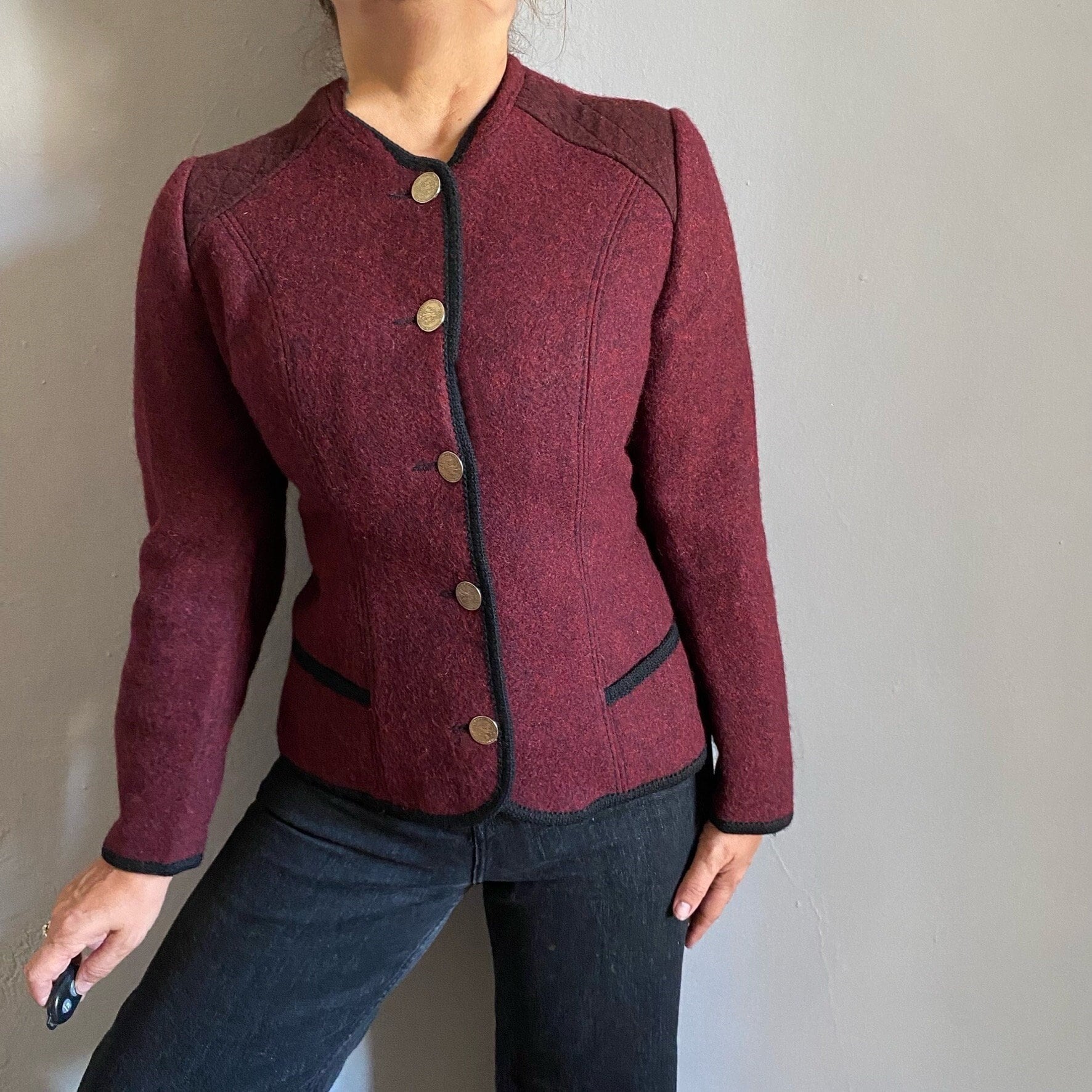 Vintage Austrian Boiled Wool Trachten Jacket, Burgundy Countryside