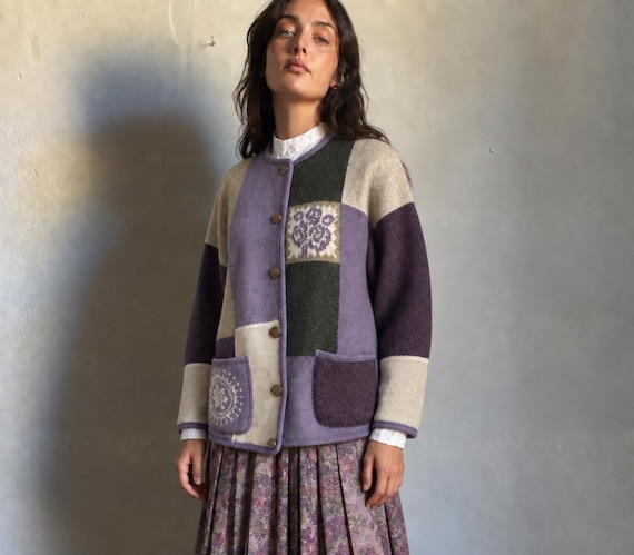 Vintage 90s Austrian boiled wool patchwork jacket, lilac ecru Tyrolean folk cardigan, cottagecore  short coat L
