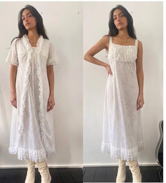 Vintage 70s white peignoir slip dress set, romantic frilly sheer nylon nightgown, fairycore bridal lingerie, M