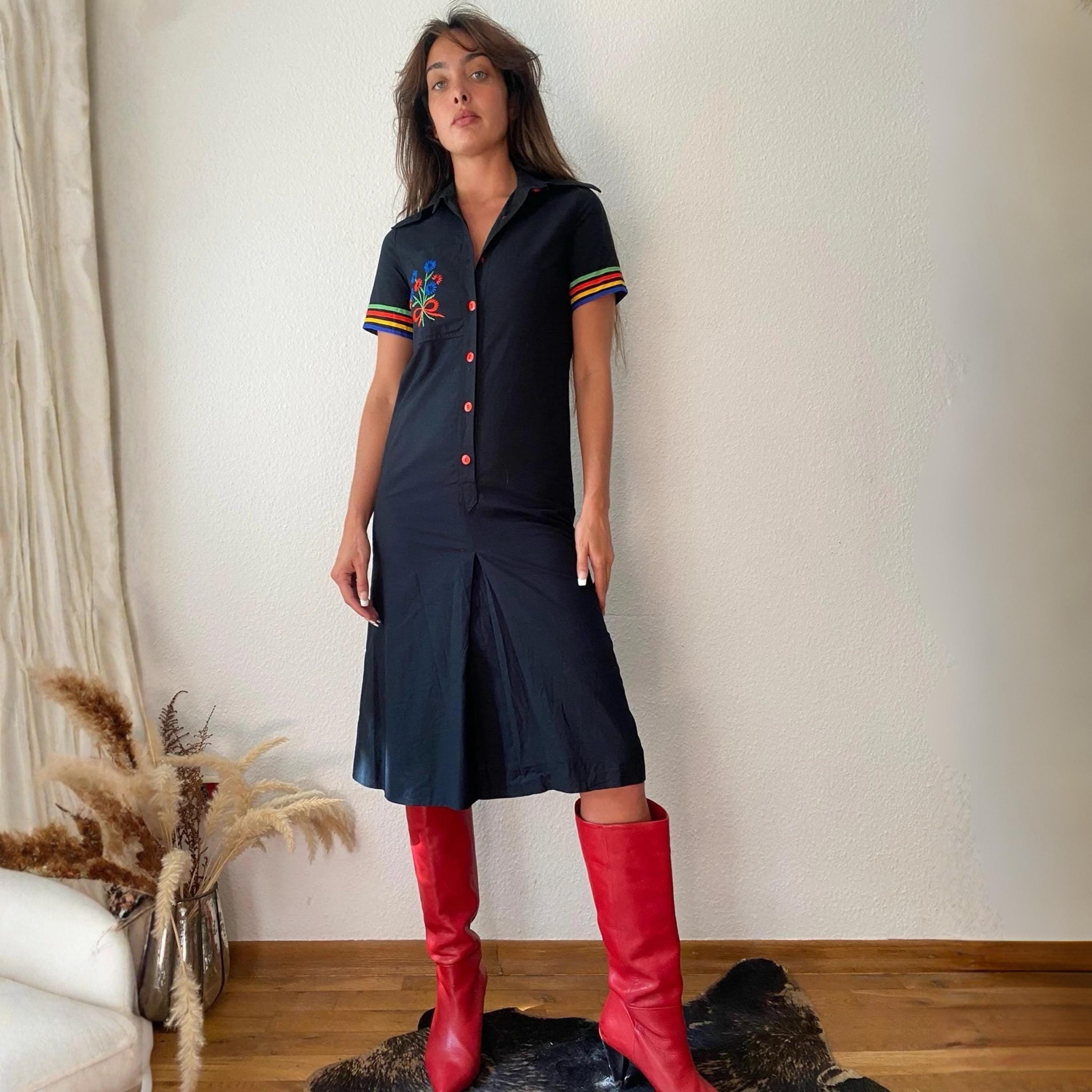 Vintage 70s Gigi Cotton Shirt Dress, Rare Embroidery Retro Dagger