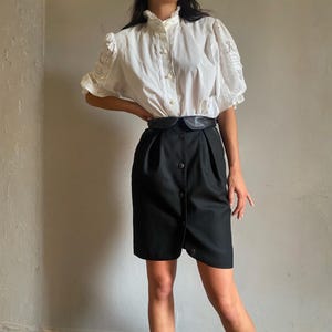 Vintage 80s wool tulip skirt, leather waistband, button front structured high waist mini, Parisian elegant style XS 34