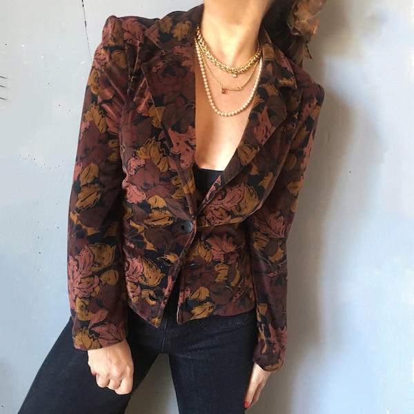 Vintage velvet bohemian folk crop jacket, casual chic elegant tapestry burgundy blazer, retro fall flowers goblicore print academia winter