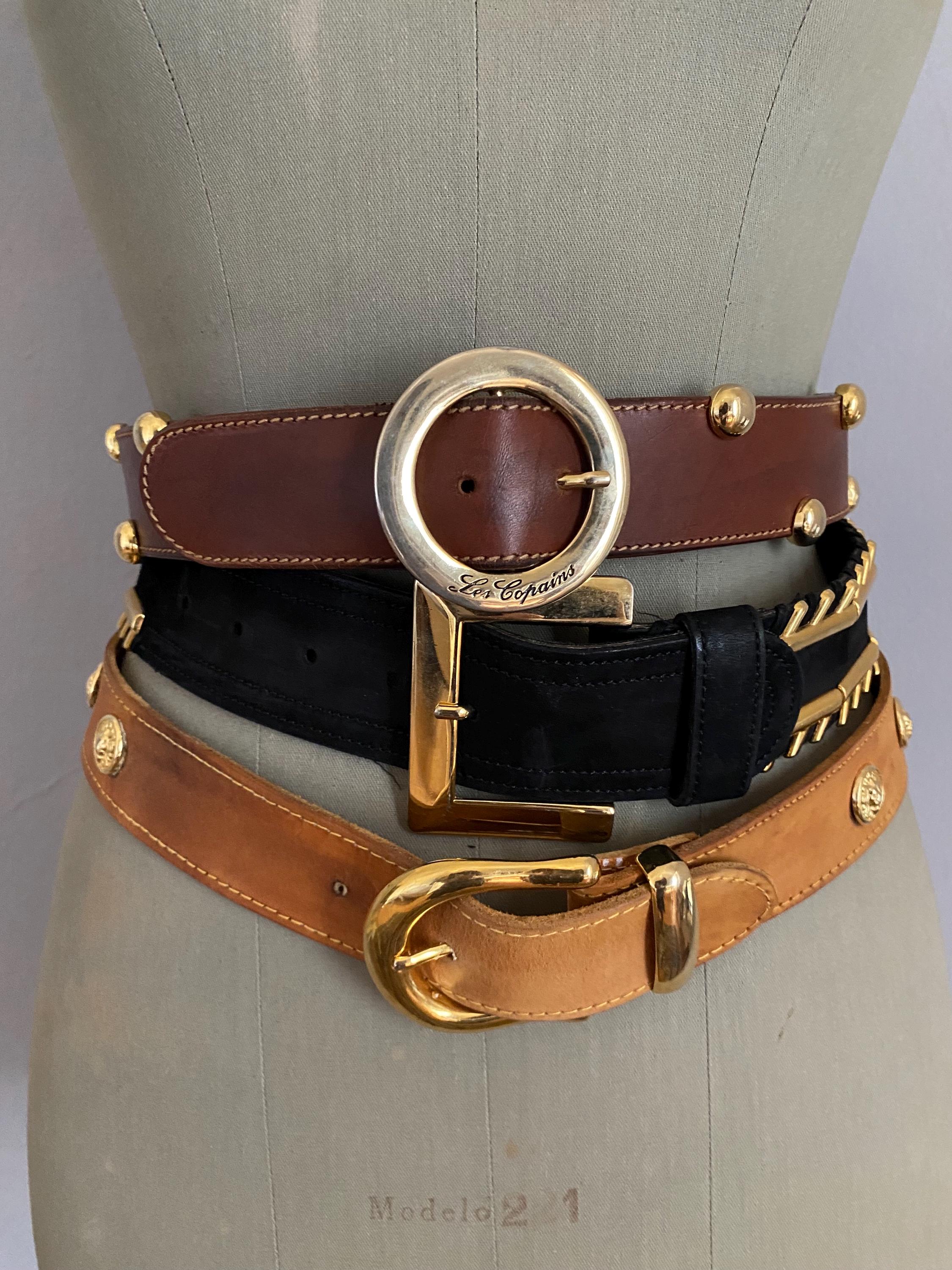 Pelle Vintage Suede Leather Brown Gold Belt Wide Art XS/S 90s 80s Y2K Wide Brown Braided Belt, Brass Double Buckle, Y2K 90s  main image 2