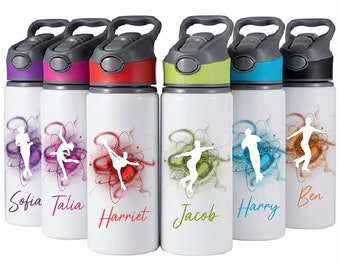 May include: Six white water bottles with colorful accents and personalized names: Sofia, Talia, Harriet, Jacob, Harry, and Ben. Each bottle features a silhouette of a figure ice skating on a colorful abstract background.