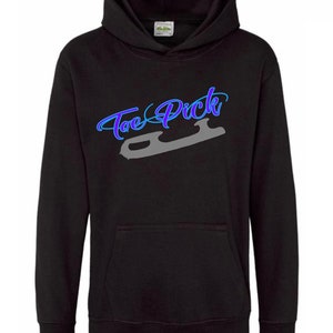 May include: Black hooded sweatshirt with a front pocket and a drawstring hood. The sweatshirt features the text "Toe Pick" in a blue and purple script font, along with a gray ice skate graphic.