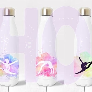 May include: Five stainless steel water bottles with colourful watercolour designs featuring a gymnast silhouette. Each bottle has a name printed on it: Isla, Shyla, Mackenzie, Sydney, and Rowan.
