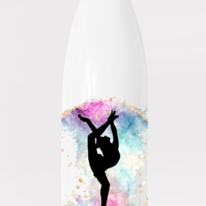 May include: White insulated water bottle with a silver lid. The bottle features a black silhouette of a gymnast in a split, set against a watercolour design of pink, blue, and gold accents.