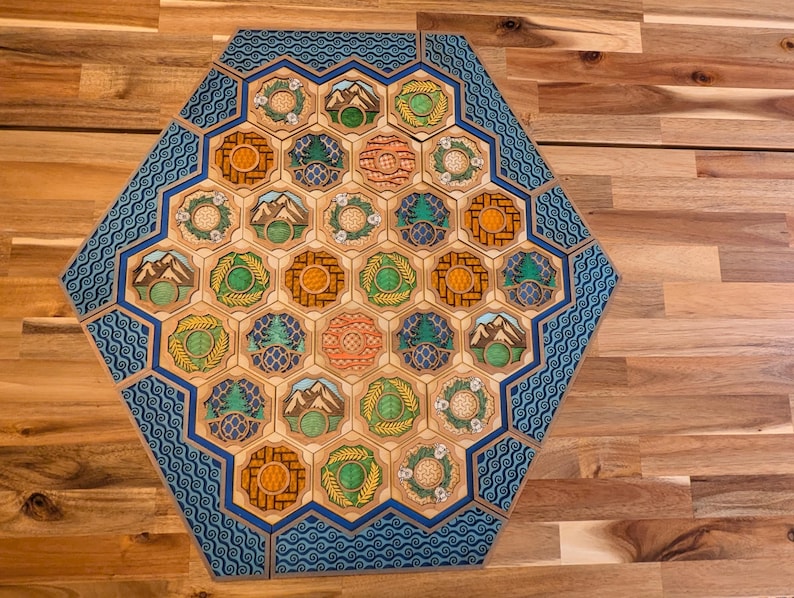 Custom wooden two-layer Settlers of Catan boards. Standard or 5-6 Players. Free US shipping. Standard 5-6 player