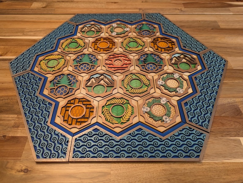 Custom wooden two-layer Settlers of Catan boards. Standard or 5-6 Players. Free US shipping. Standard 4 player