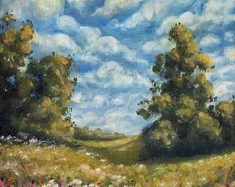 Bloemen in de weide-print | Origineel schilderij met wilde bloemen - olieverfschilderij van een rustig landschap met levendige wilde bloemen"
