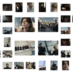 Puede incluir: Un collage de imágenes que presenta a un grupo de personas en varias poses y entornos. Algunas imágenes muestran a individuos con ropa oscura, mientras que otras representan un velero con un grupo de personas a bordo. La estética general es cinematográfica y artística.