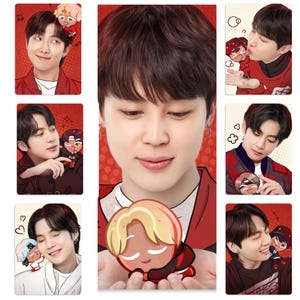 May include: A collection of seven photo cards featuring members of a South Korean boy band. Each card has a portrait of a band member with a cartoon character. The cards are in a red and white color scheme.