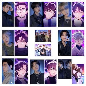 May include: A collage of images featuring a group of men in various poses. The men are wearing different outfits, including suits, casual clothing, and anime-style costumes. The images are set against a purple and black background.