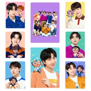 May include: A collage of nine images featuring a group of men with cartoon versions of themselves. The men are wearing various colorful outfits and smiling. The cartoon versions are smaller and are holding props.