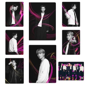 May include: A set of promotional images featuring a South Korean pop group. Each image shows a member in different poses, wearing black and white outfits, with dynamic pink and yellow abstract designs.
