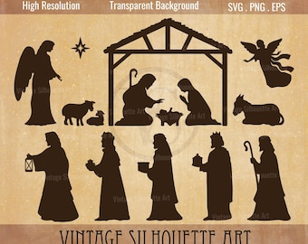 May include: A set of black silhouette images depicting the Nativity scene. The set includes a manger, a star, a donkey, two sheep, two angels, Joseph, Mary, and three wise men.