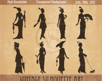 Może przedstawiać: Zestaw dziesięciu ilustracji vintage'owych sylwetki kobiet w różnych pozach. Sylwetki są czarne na brązowym tle. Tekst "Vintage Silhouette Art" znajduje się na dole obrazu.