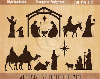 May include: A collection of dark brown silhouettes depicting a nativity scene, including figures of angels, the holy family in a stable, a star, wise men on camels, a shepherd with a sheep, and the text High Resolution, Transparent Background, SVG, PNG, EPS.