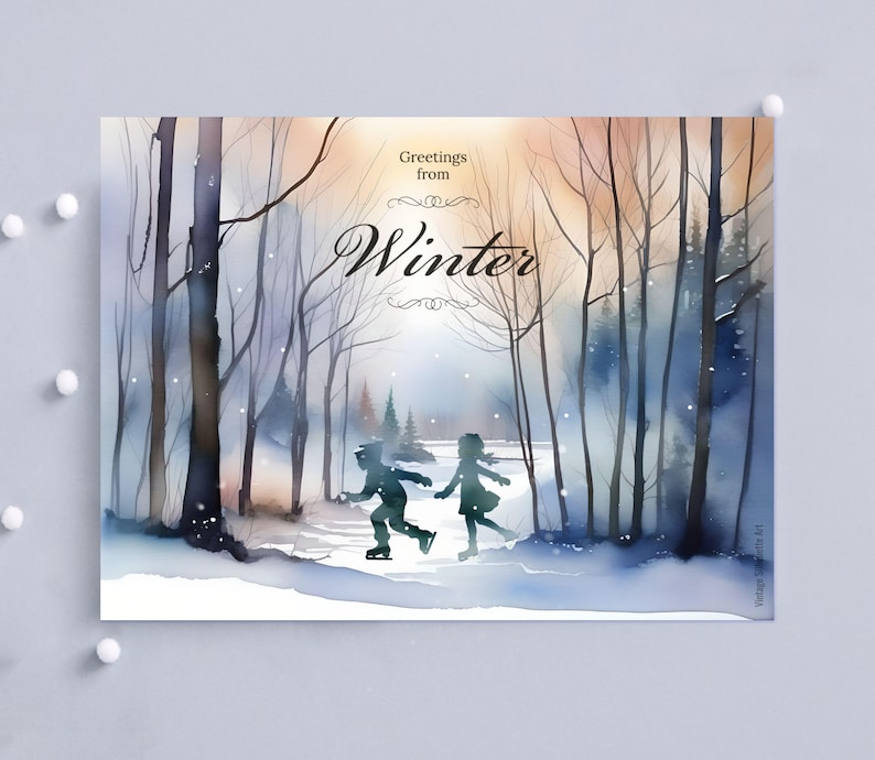 May include: A watercolor painting of a winter scene with two children ice skating in a snowy forest. The sky is a soft blue with a hint of orange. The trees are bare and the ground is covered in snow. The text "Greetings from Winter" is written in a decorative font at the top of the image.