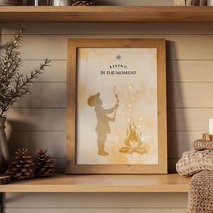 A vintage-style silhouette of a young boy stands beside a glowing bonfire, holding a long stick with a marshmallow on the end, intently gazing at it as it toasts in the firelight. His posture suggests curiosity and quiet focus. The scene evokes a sense of nostalgia and simplicity, reminiscent of childhood camping trips and warm summer nights.