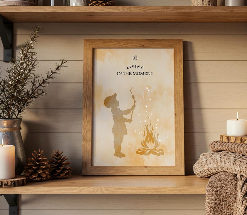 A vintage-style silhouette of a young boy stands beside a glowing bonfire, holding a long stick with a marshmallow on the end, intently gazing at it as it toasts in the firelight. His posture suggests curiosity and quiet focus. The scene evokes a sense of nostalgia and simplicity, reminiscent of childhood camping trips and warm summer nights.