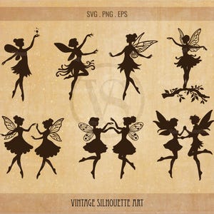 Può includere: Un set di dieci illustrazioni di silhouette vintage di fate con le ali. Le fate sono in varie pose, alcune con le braccia distese e altre con le mani sui fianchi. Le illustrazioni sono in bianco e nero e hanno un aspetto rustico e vintage.