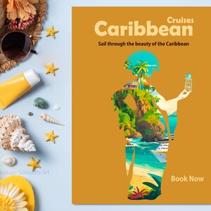 A Caribbean cruise poster made with pirate girl silhouette Clip art bundle