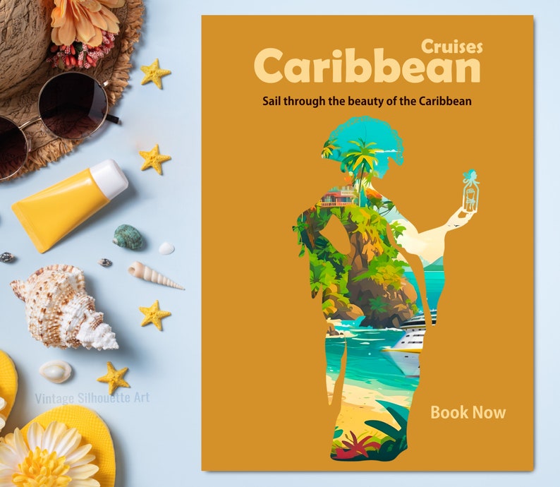 A Caribbean cruise poster made with pirate girl silhouette Clip art bundle
