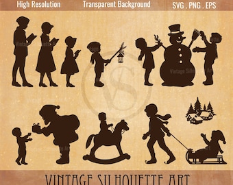 May include: A set of 10 vintage Christmas silhouette illustrations in black. The illustrations include children singing carols, a snowman, a child riding a rocking horse, a child sledding, and a family of three standing in front of a Christmas tree.