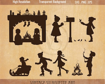 May include: A set of vintage Christmas silhouette illustrations featuring children enjoying winter activities. The illustrations include a fireplace with stockings, children ice skating, a child sledding, a child feeding birds, and a child roasting marshmallows over a fire.