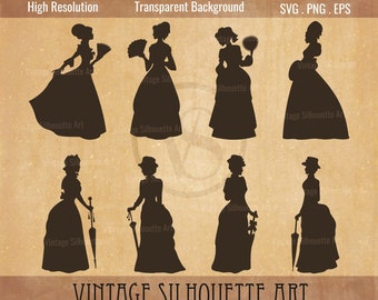 Viktorianische Frau Silhouette Clipart, Viktorianische Frau mit Regenschirm, Vintage Frau svg, Viktorianische svg, Vintage Frau Clipart,