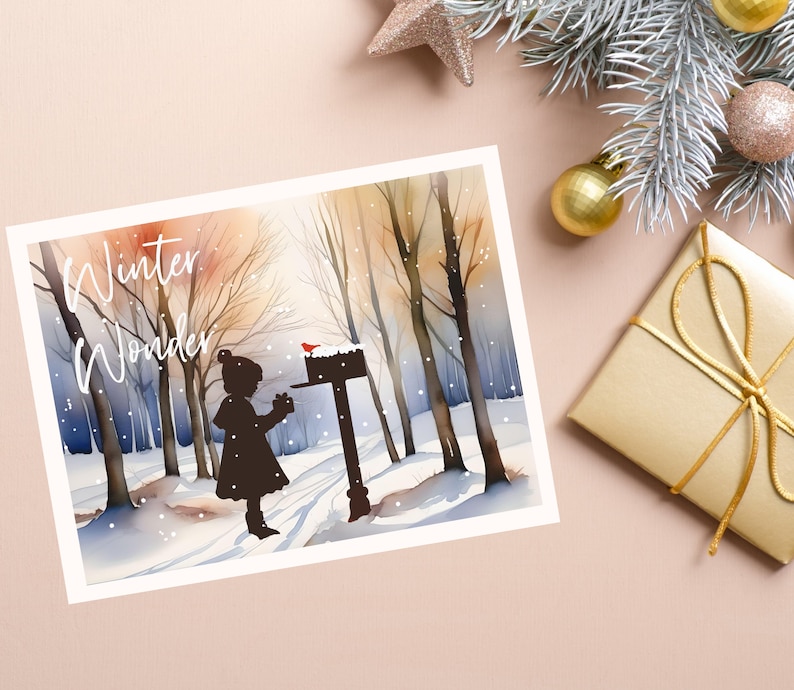 May include: A watercolor painting of a winter scene with a girl standing in front of a mailbox. The text "Winter Wonder" is written in white script at the top of the image.