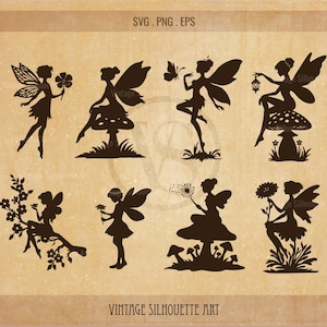 Peut inclure: Un ensemble de dix images de silhouettes vintage de fées. Chaque fée est représentée avec des ailes, une robe fluide et divers accessoires tels que des fleurs, une lanterne et un pissenlit. Les fées sont toutes dans une pose fantaisiste et enchanteresse.
